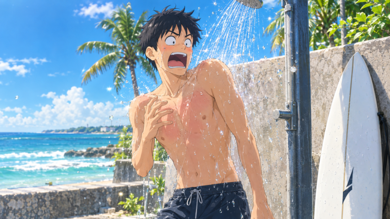 ビーチのシャワーを浴びて、胸にしみて驚くサーファーのイラスト