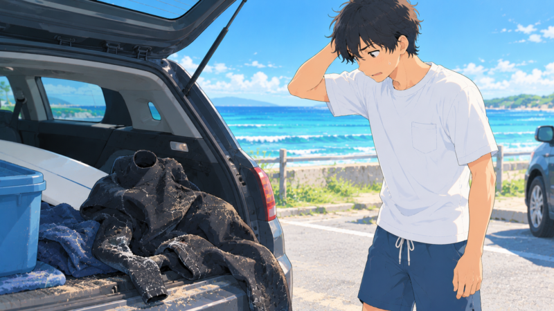 車のトランクに丸めたまま置きっぱなしのウェットスーツを見て、頭をかく男性サーファーのイラスト