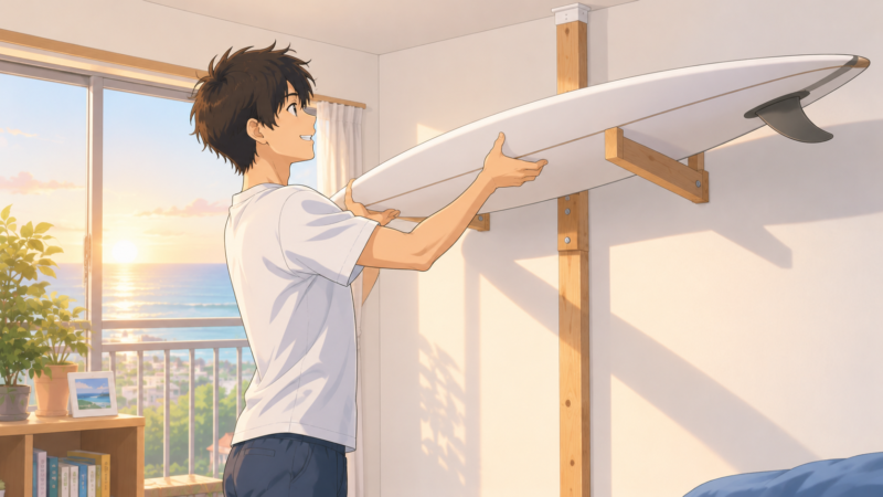 朝日が差す部屋で、木の柱のラックからサーフボードを持ち上げる男性のイラスト