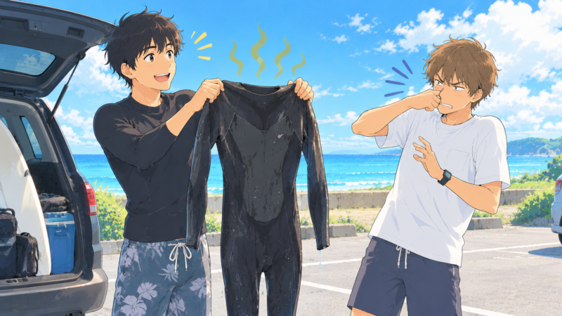 ウェットスーツのにおいに鼻をつまむ友人と、ウェットスーツを広げて見せるサーファーのイラスト