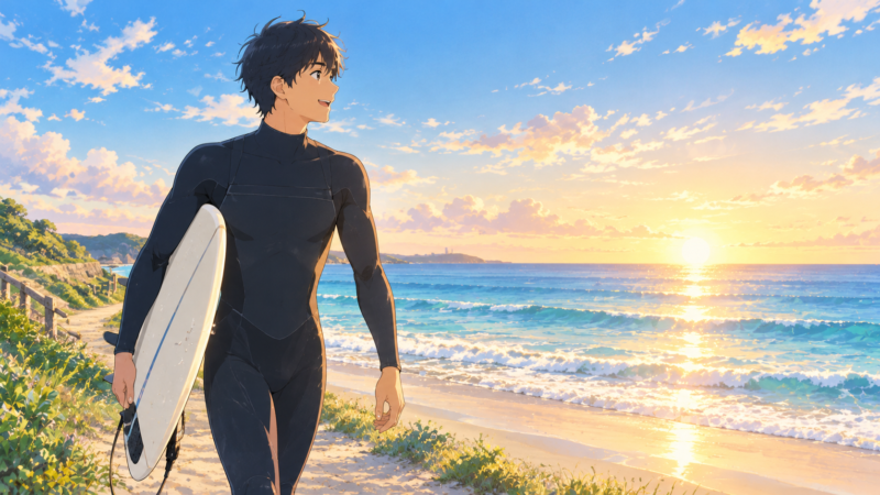 朝日の中、サーフボードを持って海へ歩くウェットスーツ姿の男性サーファーのイラスト