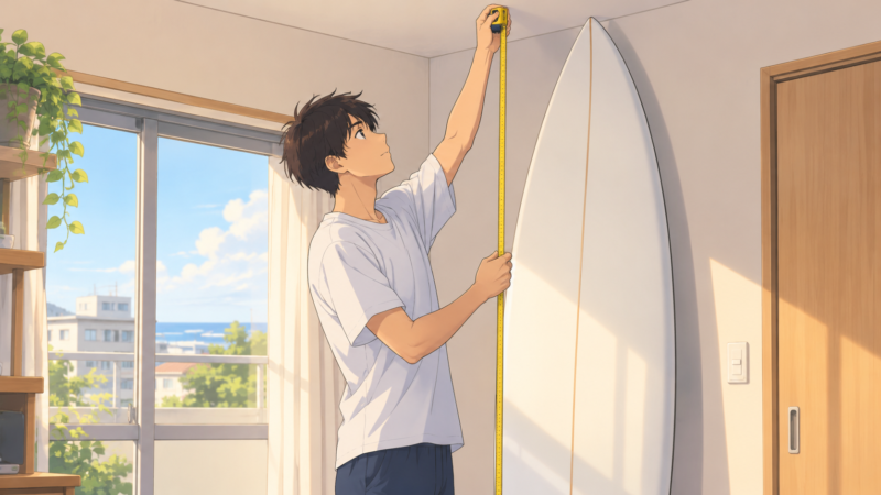 天井の高さをメジャーで測る男性と、壁ぎわに立てたサーフボードのイラスト