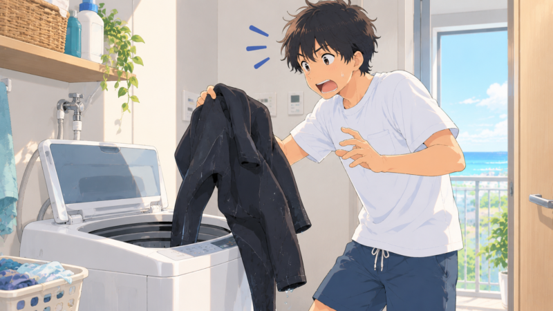 ウェットスーツを洗濯機に入れようとして、あわてて手を止める男性サーファーのイラスト