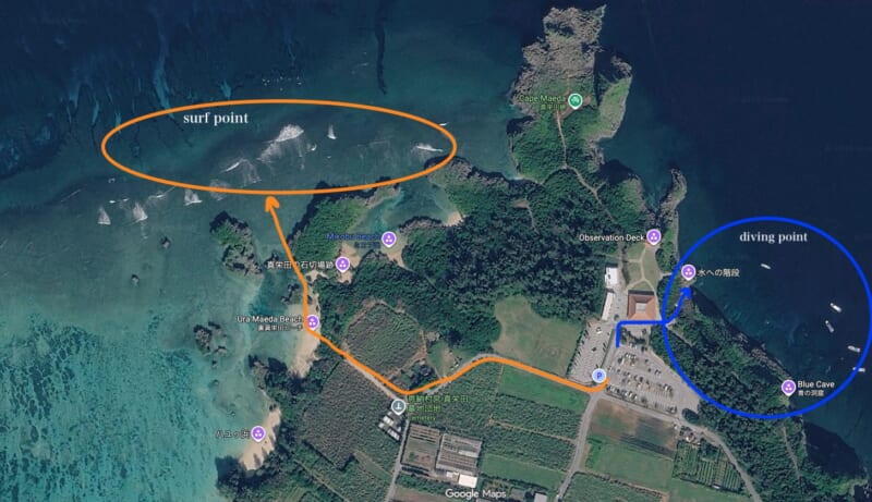 Aerial photo of Cape Maeda showing the routes from the parking lot to the dive stairs and to the surf beach